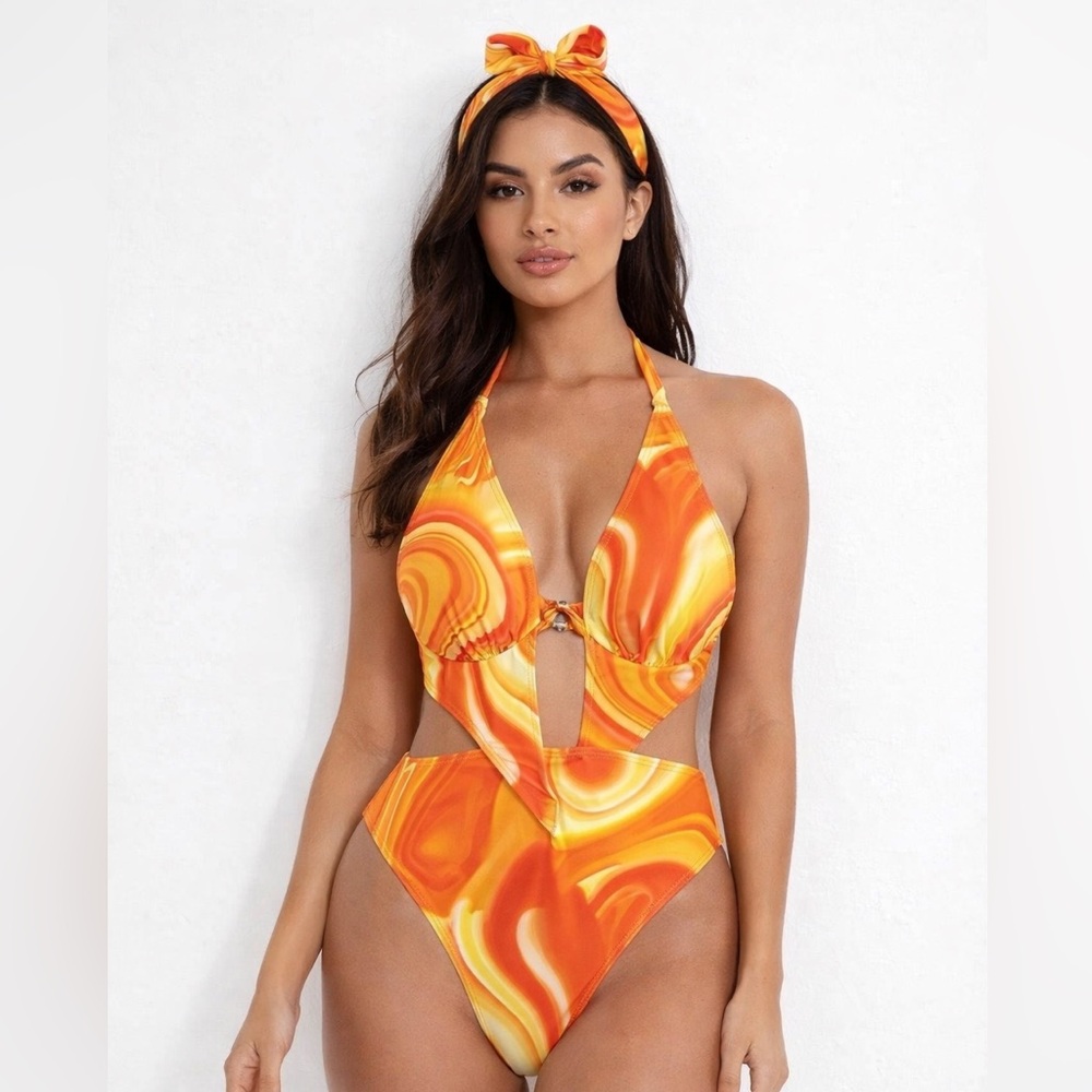 Orange Swimsuit Set One Piece Sz S Halter Neck w/ Headband Shein Resort Beachy